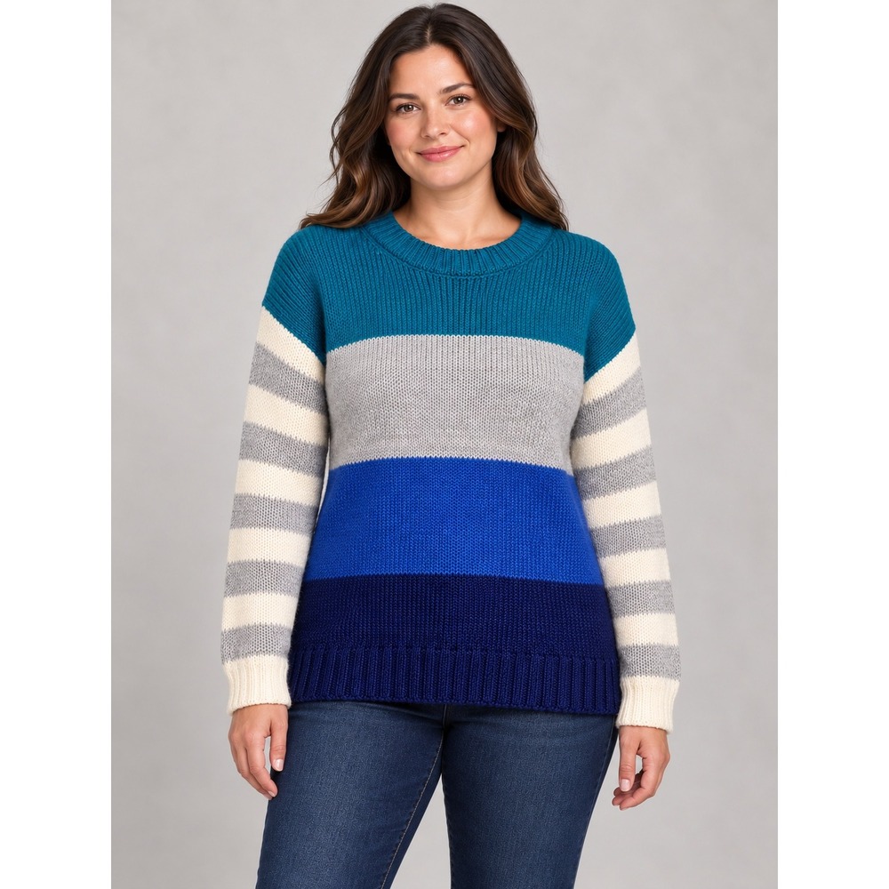 NWOT Colorblock Cozy Knit Sweater Women's Large Teal Blue Gray Striped‎ Layering
